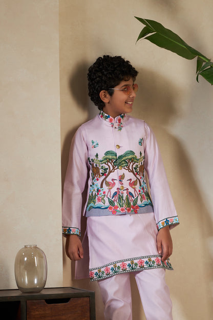Traditional Lavender Viscose Silk Kurta with Koti for Boys