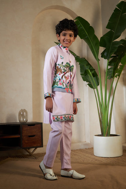 Traditional Lavender Viscose Silk Kurta with Koti for Boys