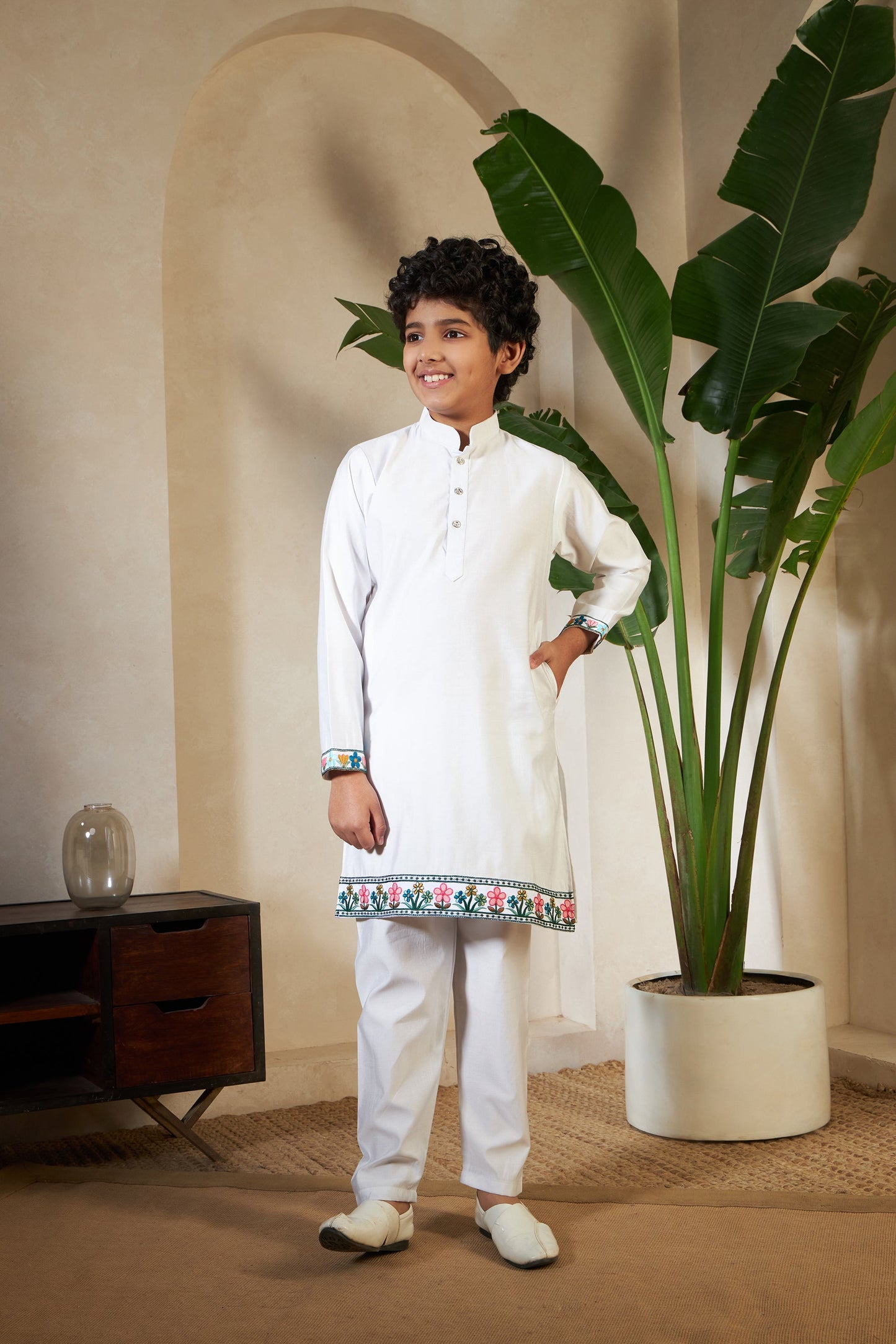 White Viscose Silk Embroidered Kurta with Koti Set for Boys