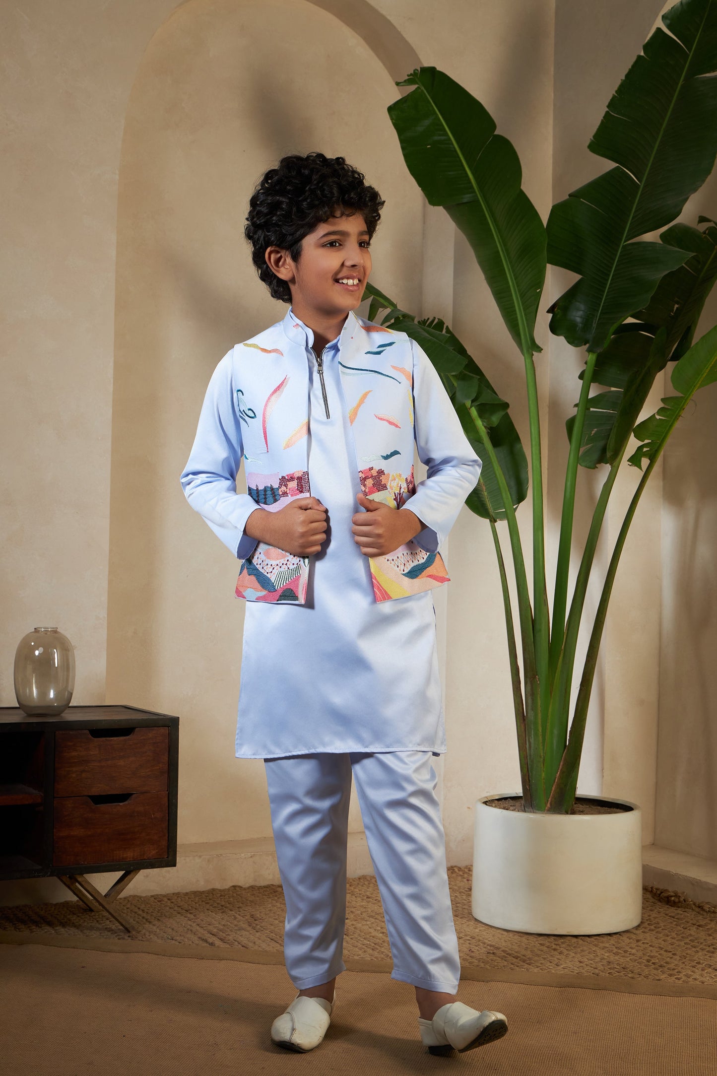 Sky Color Embroidered Carnival Kurta-Jacket Set for Boys