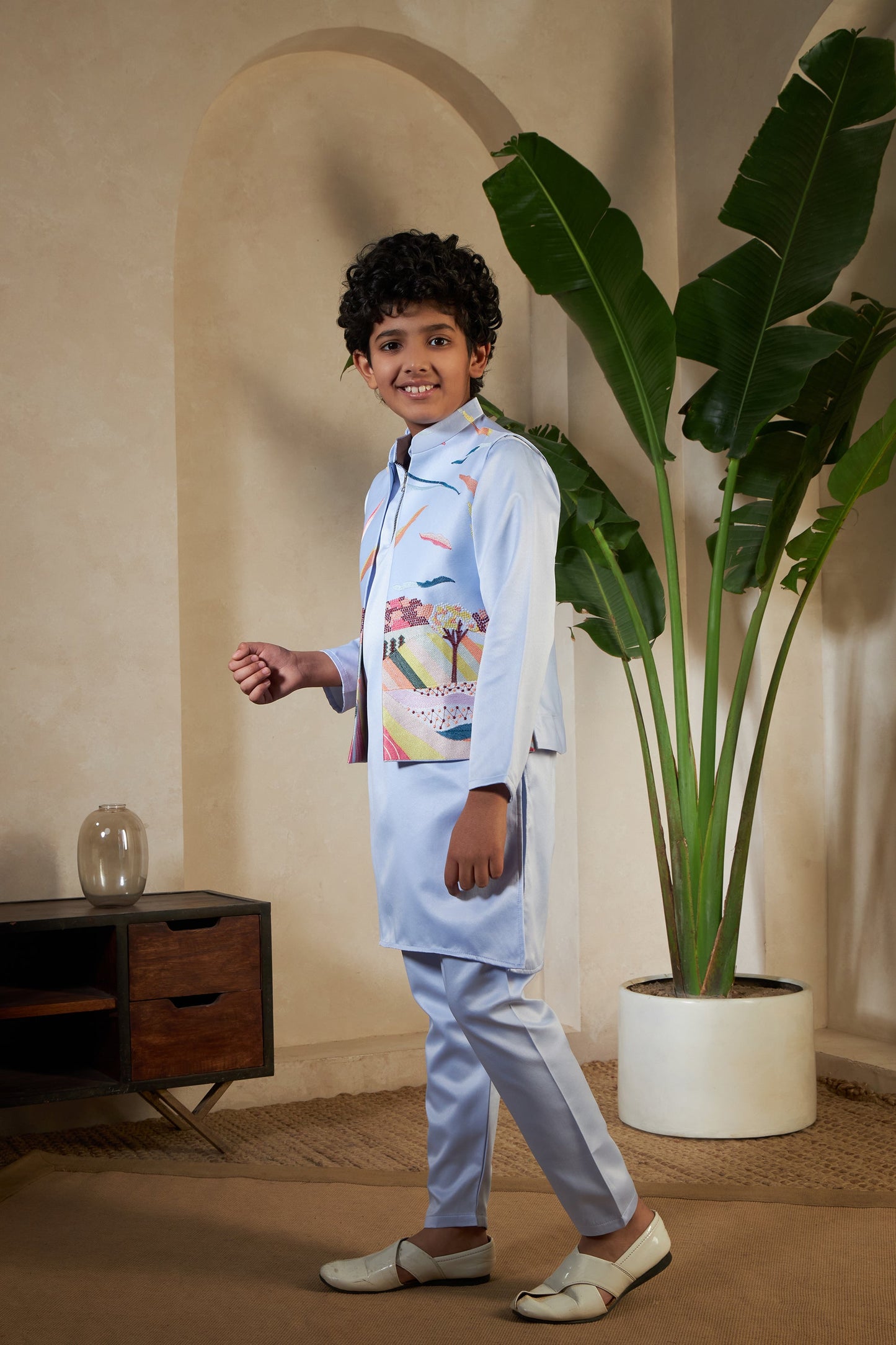 Sky Color Embroidered Carnival Kurta-Jacket Set for Boys