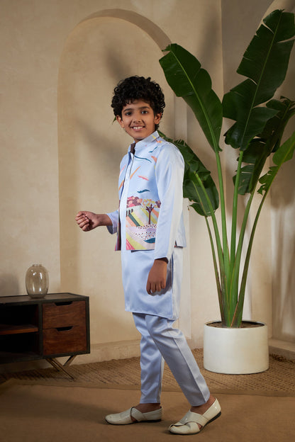 Sky Color Embroidered Carnival Kurta-Jacket Set for Boys