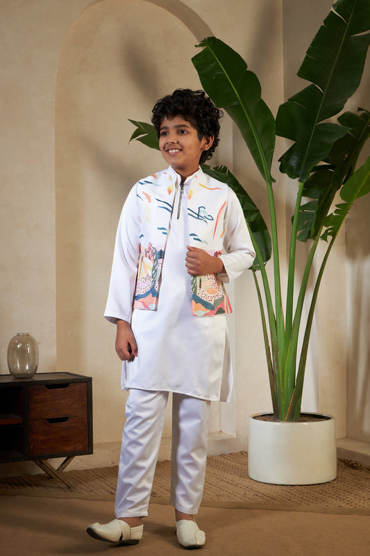 White Embroidered Carnival Kurta-Jacket Set for Boys