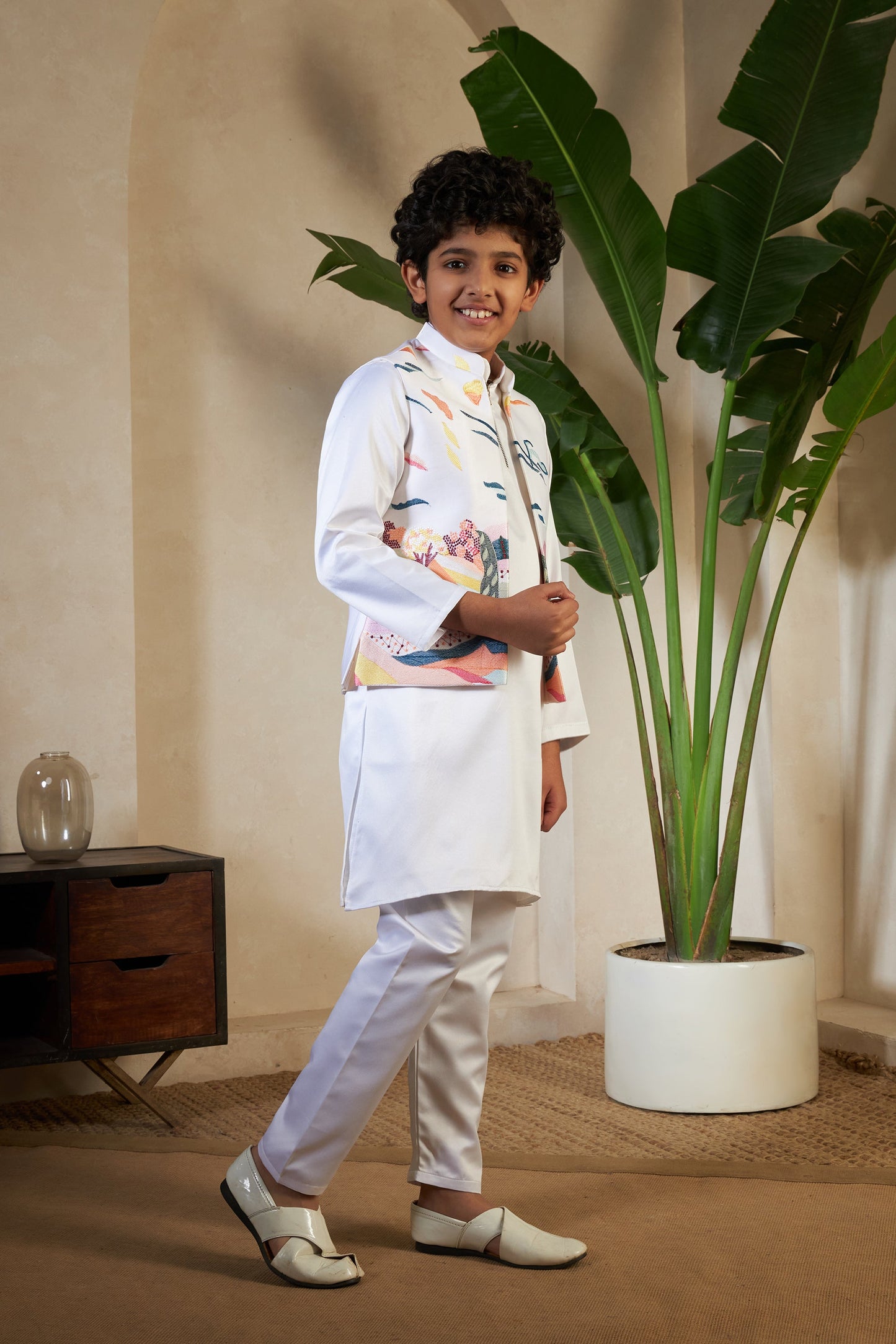 White Embroidered Carnival Kurta-Jacket Set for Boys