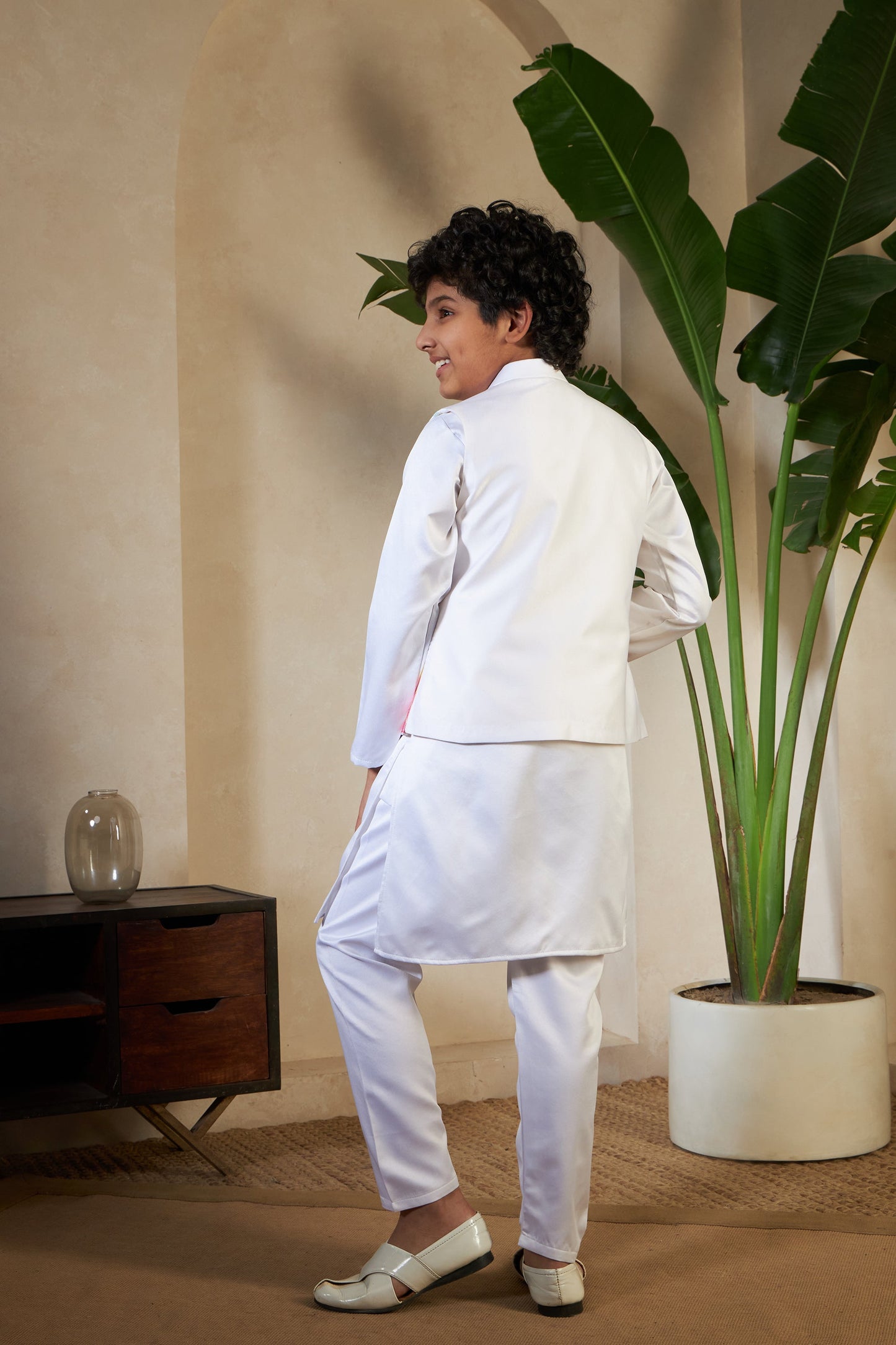 White Embroidered Carnival Kurta-Jacket Set for Boys