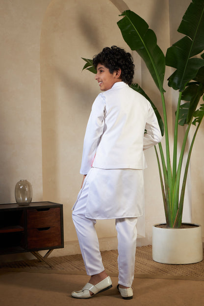 White Embroidered Carnival Kurta-Jacket Set for Boys