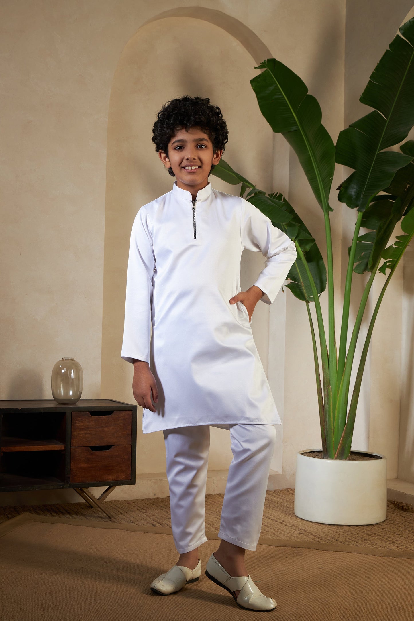 White Embroidered Carnival Kurta-Jacket Set for Boys