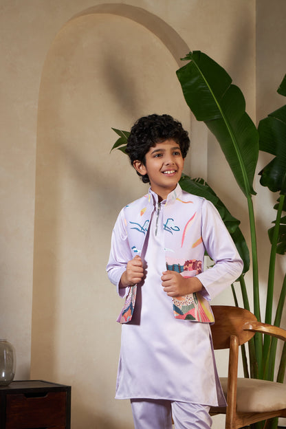 Lavender Embroidered Carnival Kurta-Jacket Set for Boys
