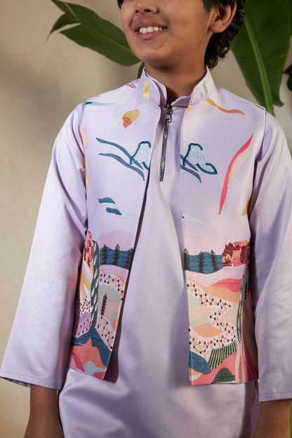 Lavender Embroidered Carnival Kurta-Jacket Set for Boys