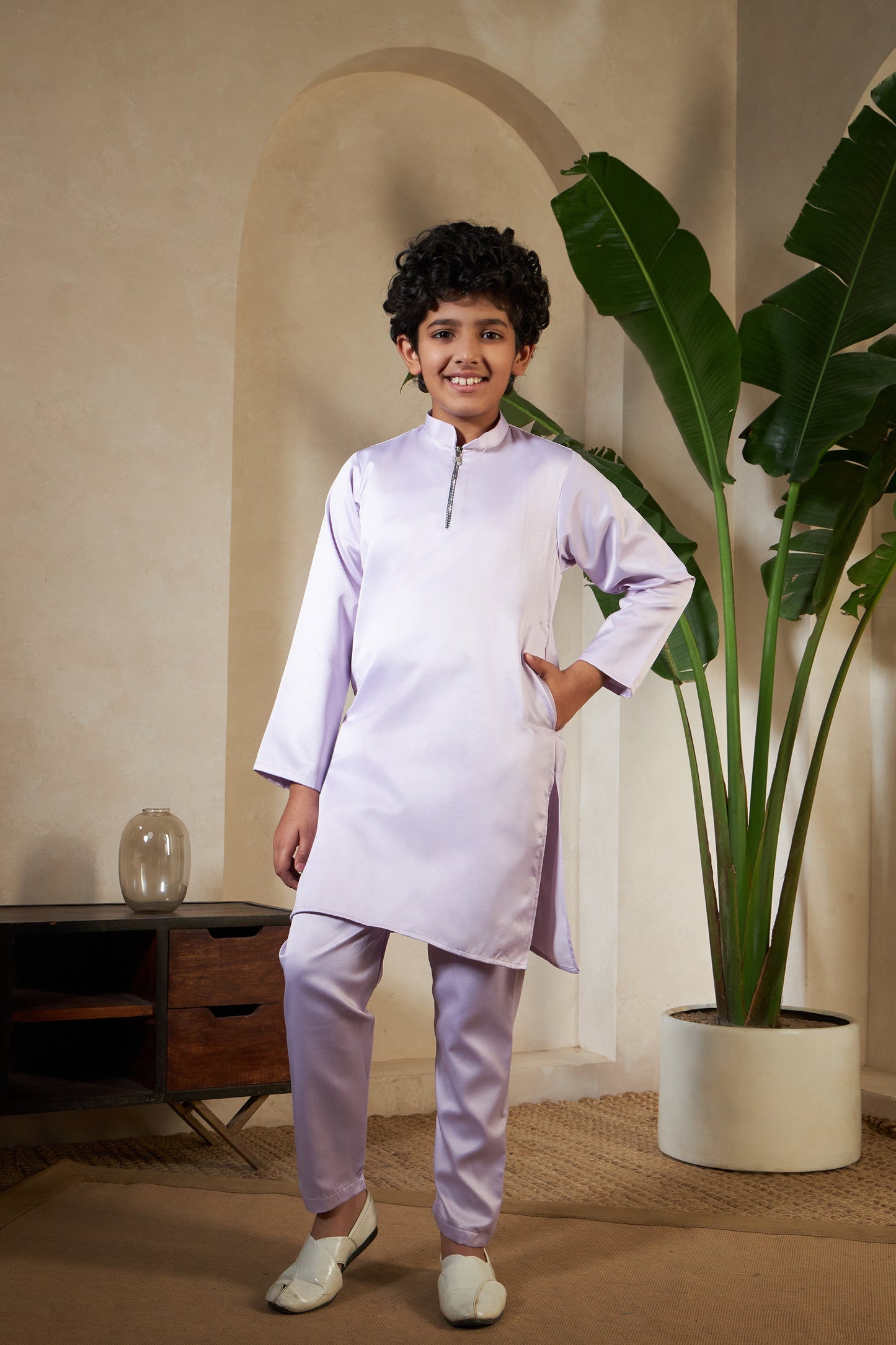 Lavender Embroidered Carnival Kurta-Jacket Set for Boys