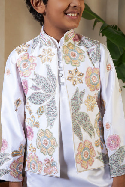 White Malai Satin Silk Embroidered Kurta with Jacket Set for Boys
