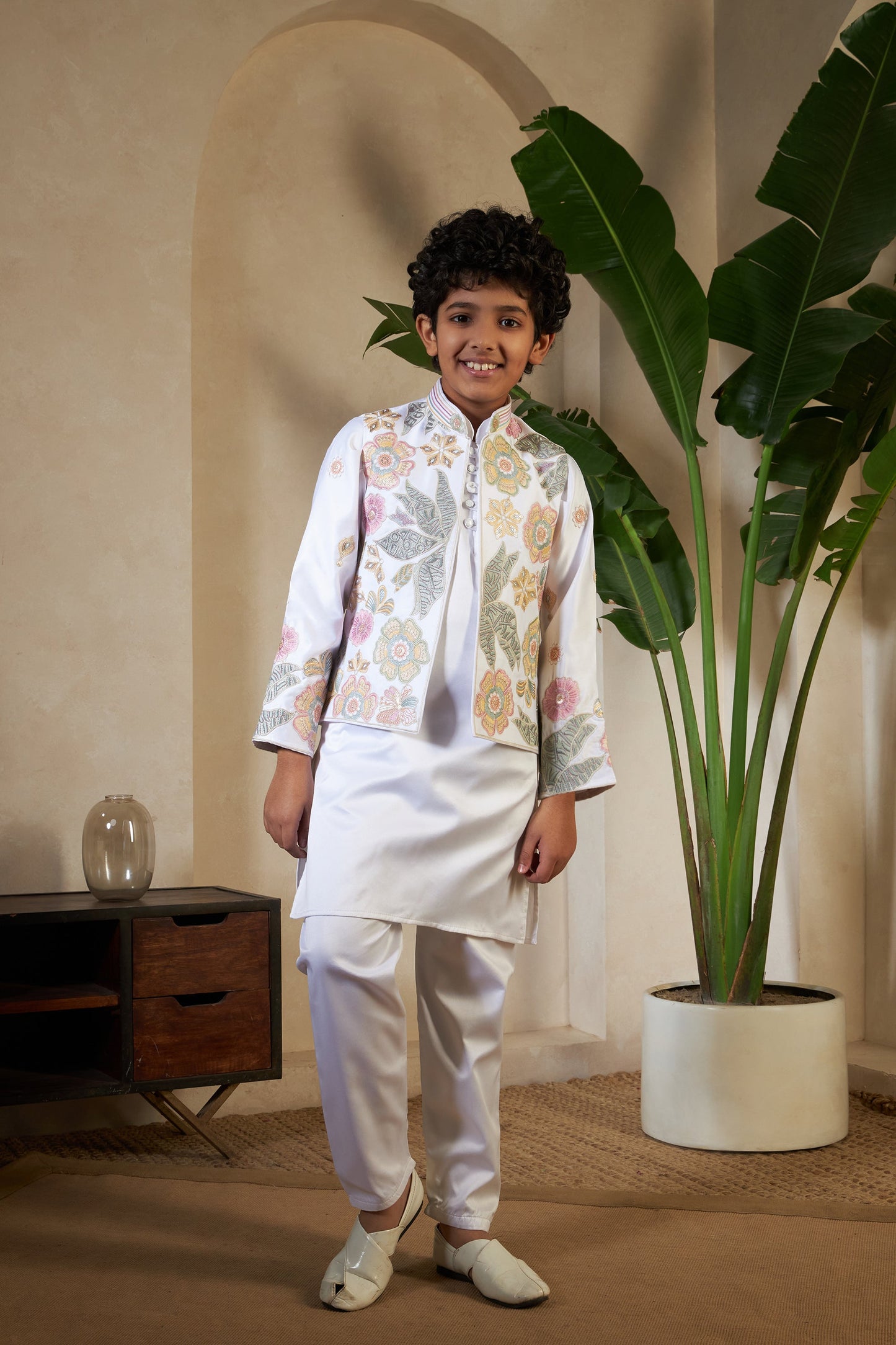 White Malai Satin Silk Embroidered Kurta with Jacket Set for Boys