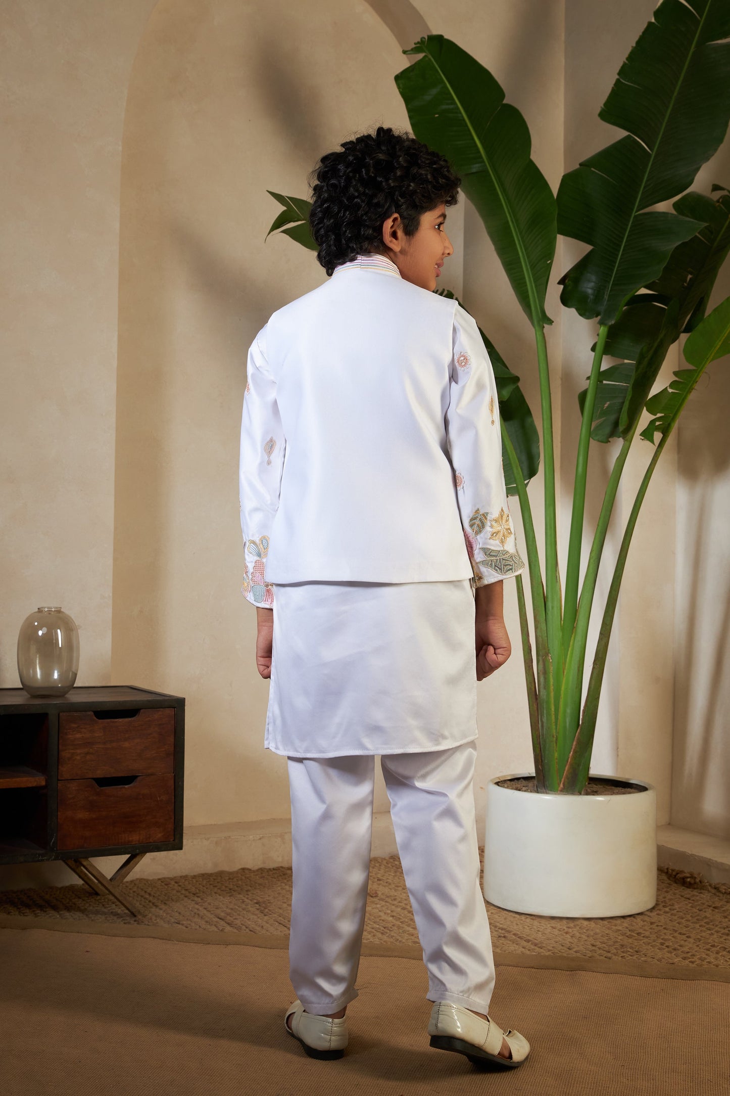 White Malai Satin Silk Embroidered Kurta with Jacket Set for Boys