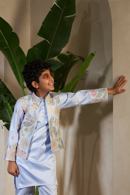 Sky Malai Satin Silk Embroidered Kurta with Jacket Set for Boys