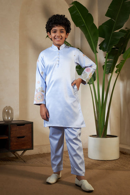 Sky Malai Satin Silk Embroidered Kurta with Jacket Set for Boys
