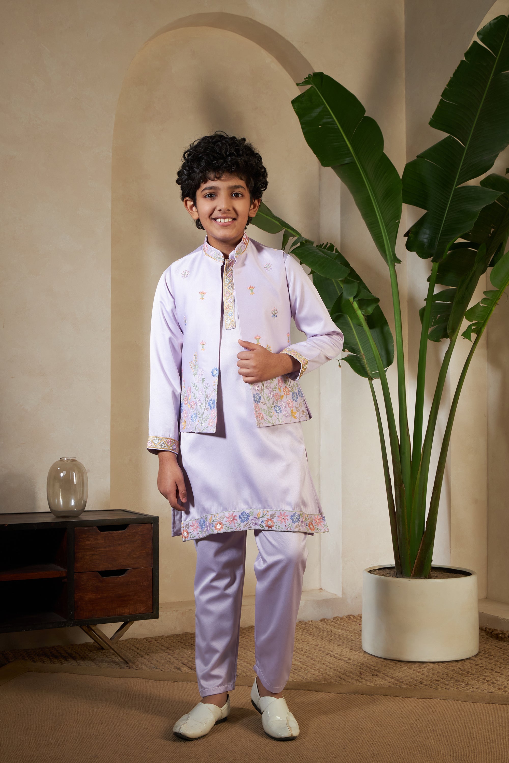 Festival Wear Lavender Kurta Koti Set For Kids