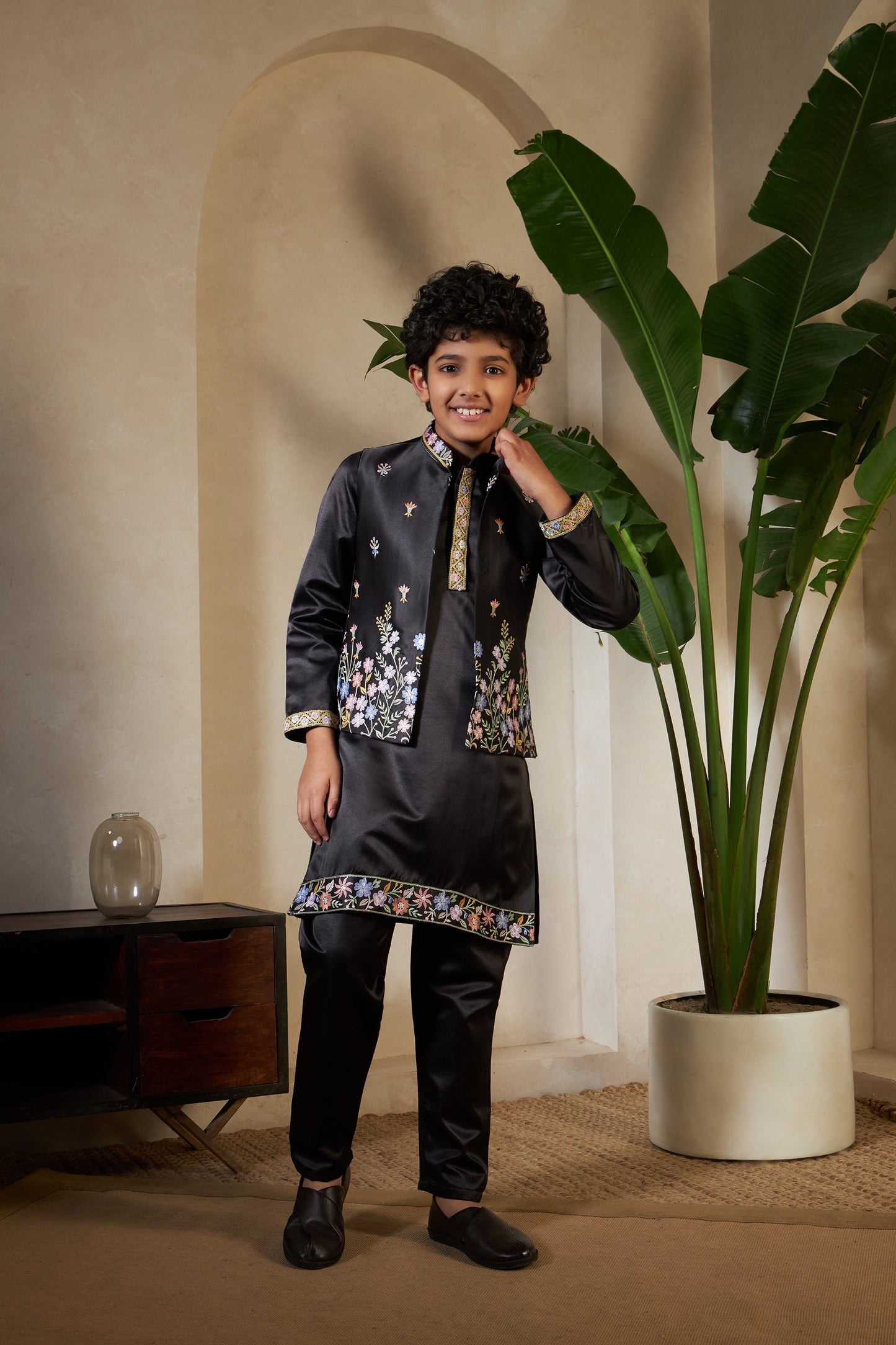 Stylish Black Satin Kurta Koti Set For Wedding Wear