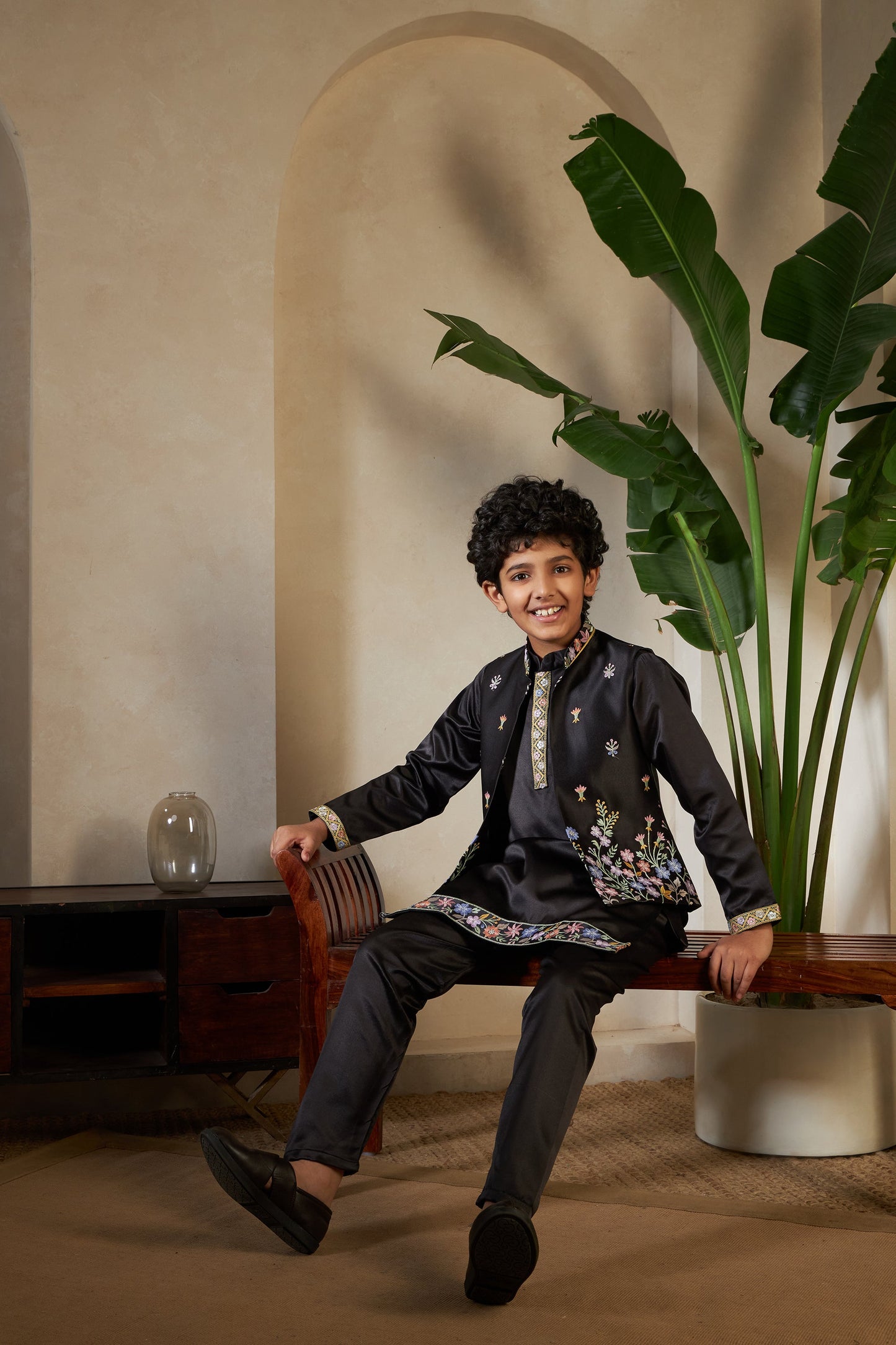 Stylish Black Satin Kurta Koti Set For Wedding Wear