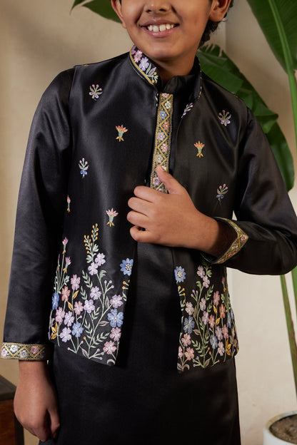Stylish Black Satin Kurta Koti Set For Wedding Wear