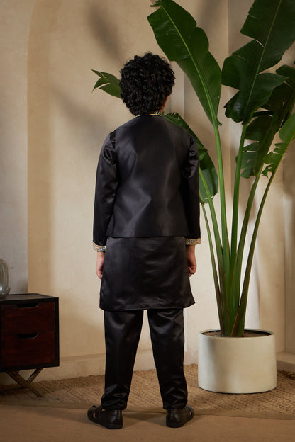 Stylish Black Satin Kurta Koti Set For Wedding Wear
