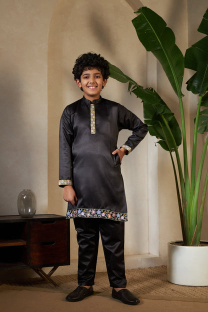 Stylish Black Satin Kurta Koti Set For Wedding Wear