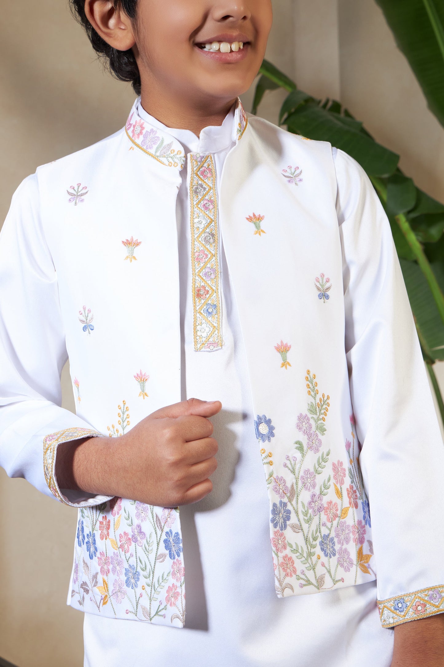 Elegant White Satin Thread Sequence Work Kurta Koti Set