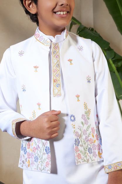Elegant White Satin Thread Sequence Work Kurta Koti Set