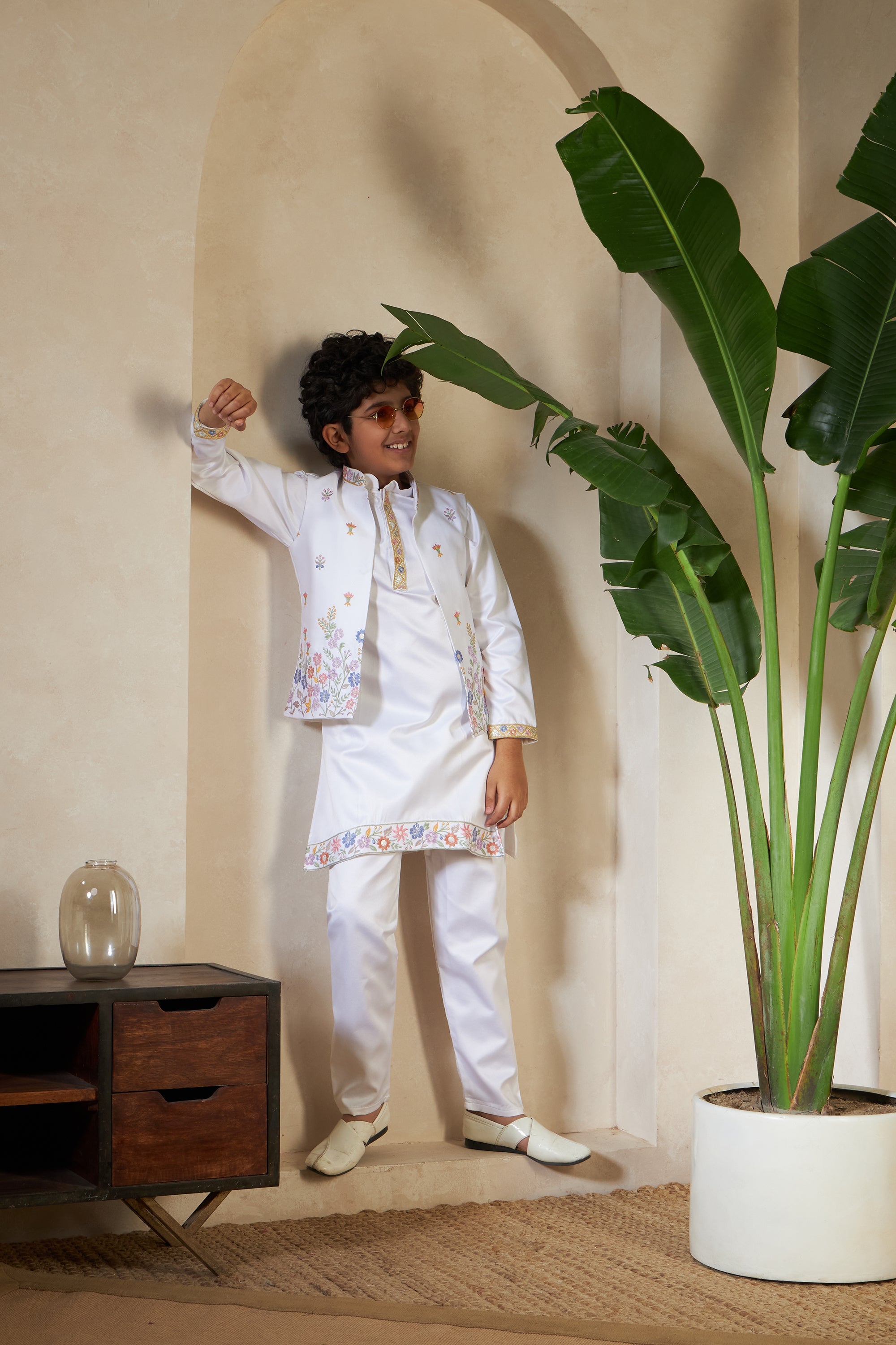 Elegant White Satin Thread Sequence Work Kurta Koti Set