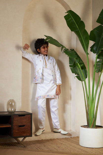 Elegant White Satin Thread Sequence Work Kurta Koti Set