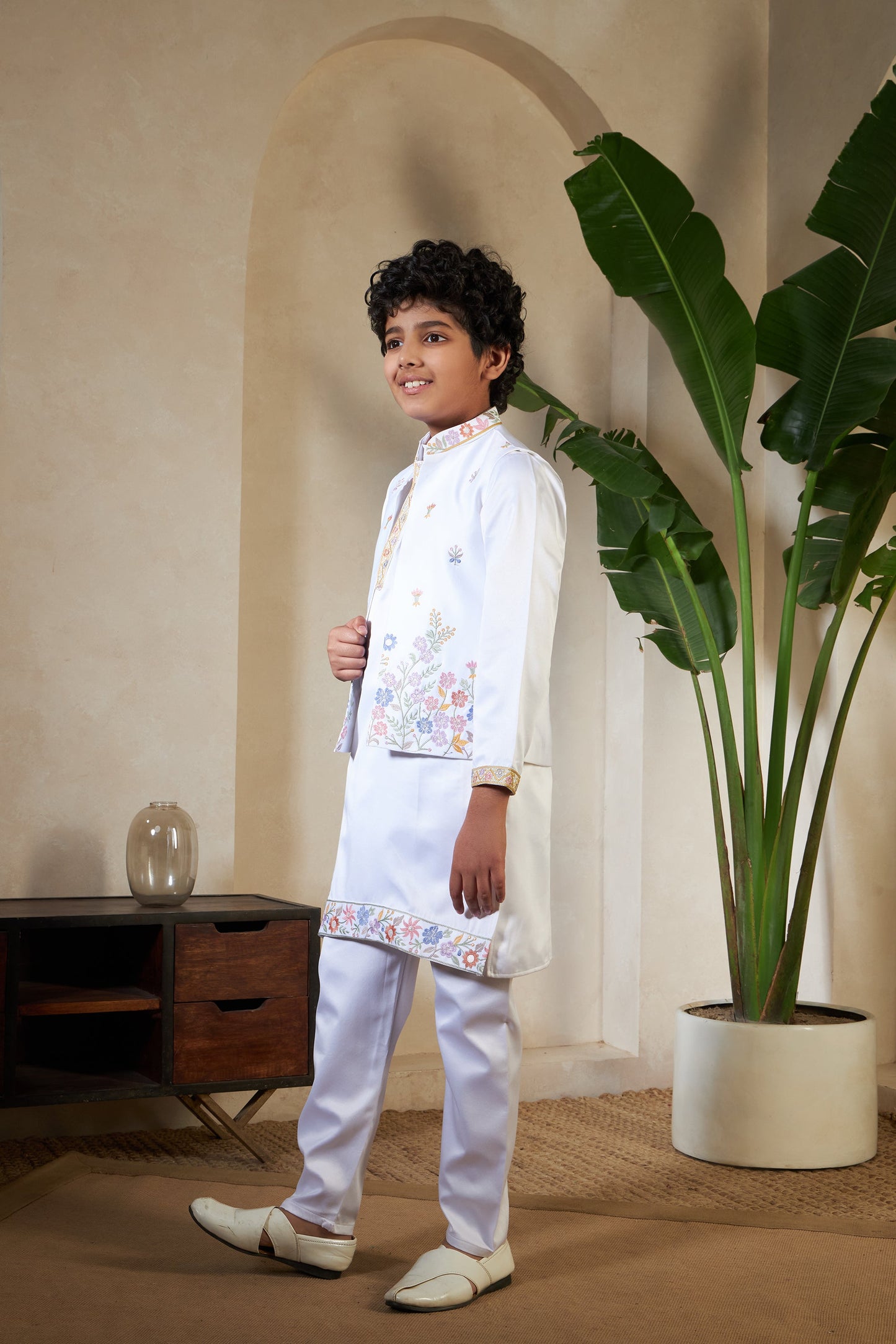 Elegant White Satin Thread Sequence Work Kurta Koti Set