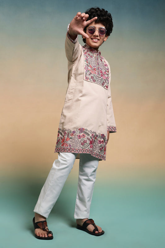 Perfect Beige Viscose Silk Kurta & Pant For Festive Wear