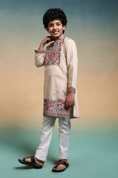 Perfect Beige Viscose Silk Kurta & Pant For Festive Wear