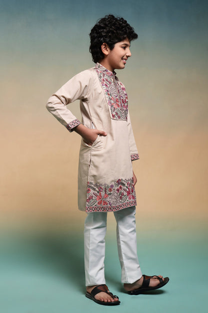 Perfect Beige Viscose Silk Kurta & Pant For Festive Wear
