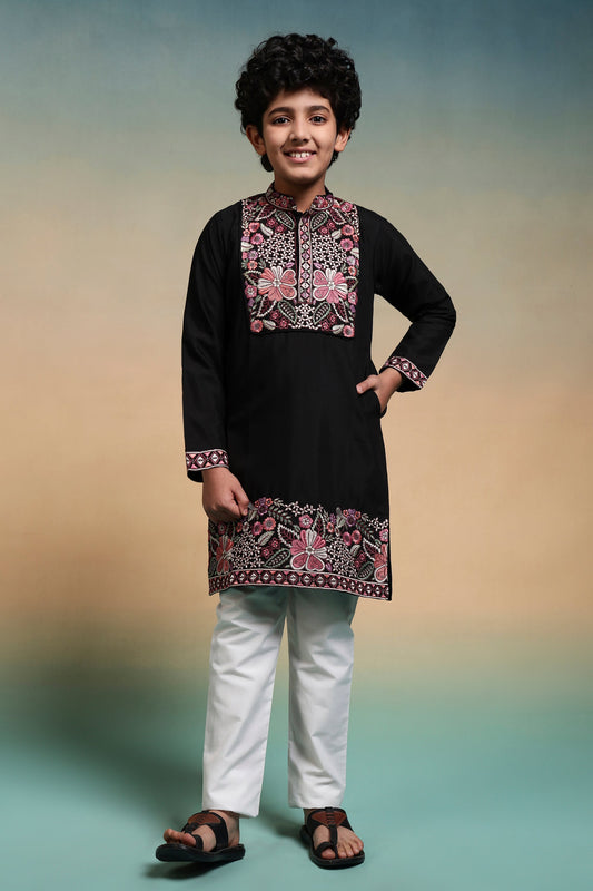 Royal Black Viscose Silk Embroidered Kurta Pant Set For Kids
