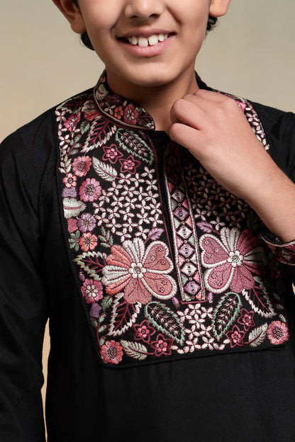 Royal Black Viscose Silk Embroidered Kurta Pant Set For Kids