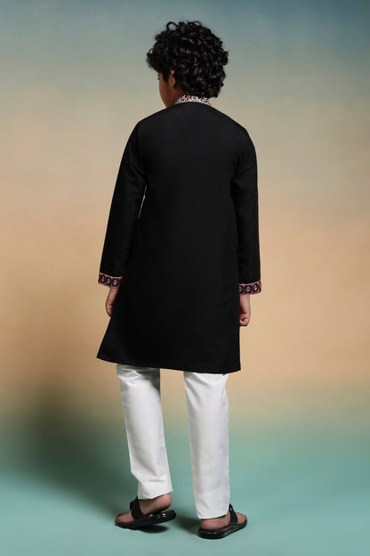 Royal Black Viscose Silk Embroidered Kurta Pant Set For Kids