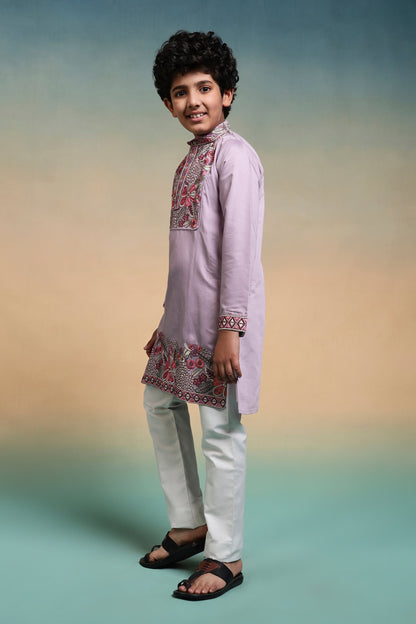 Stylish Lavender Multi Thread Sequence Work Kurta Pant Set For Kids
