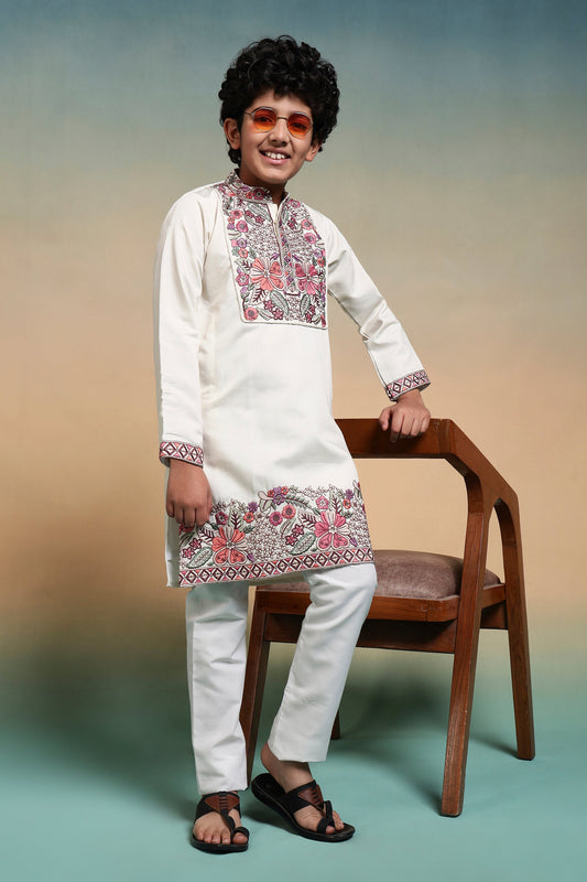 White Embroidered Work Kurta Pant Set For Festive Season