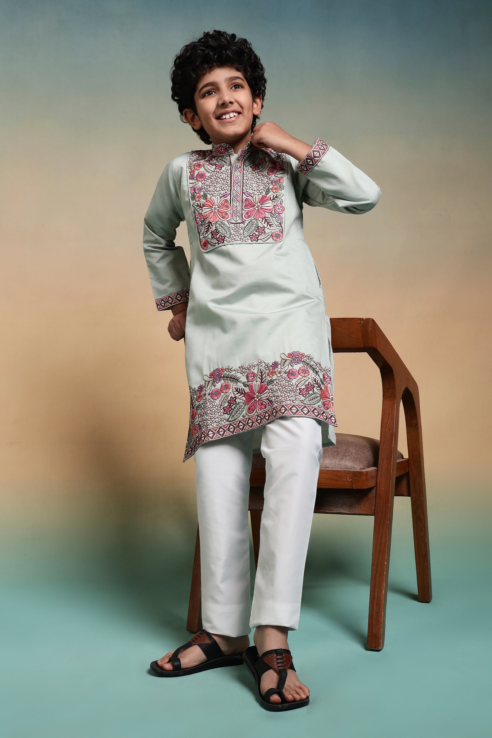 Traditional Pista Embroidered Kurta Pant Set For Boys