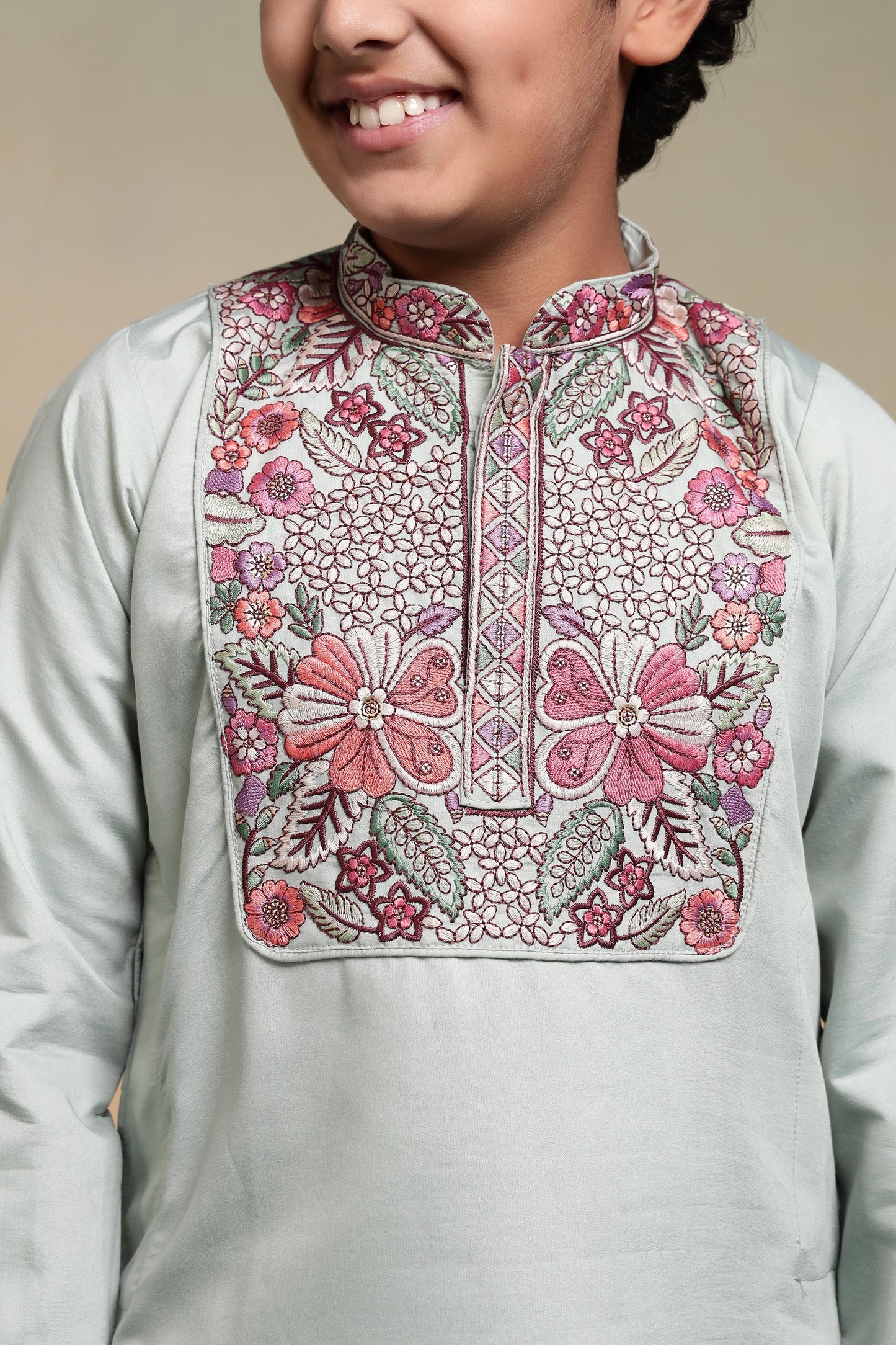 Traditional Pista Embroidered Kurta Pant Set For Boys