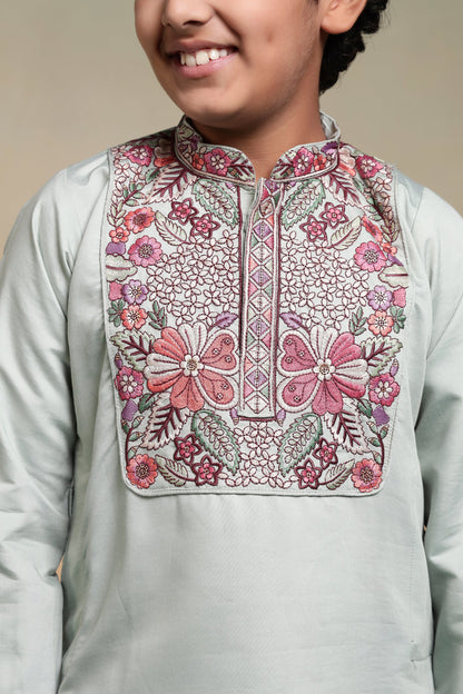Traditional Pista Embroidered Kurta Pant Set For Boys