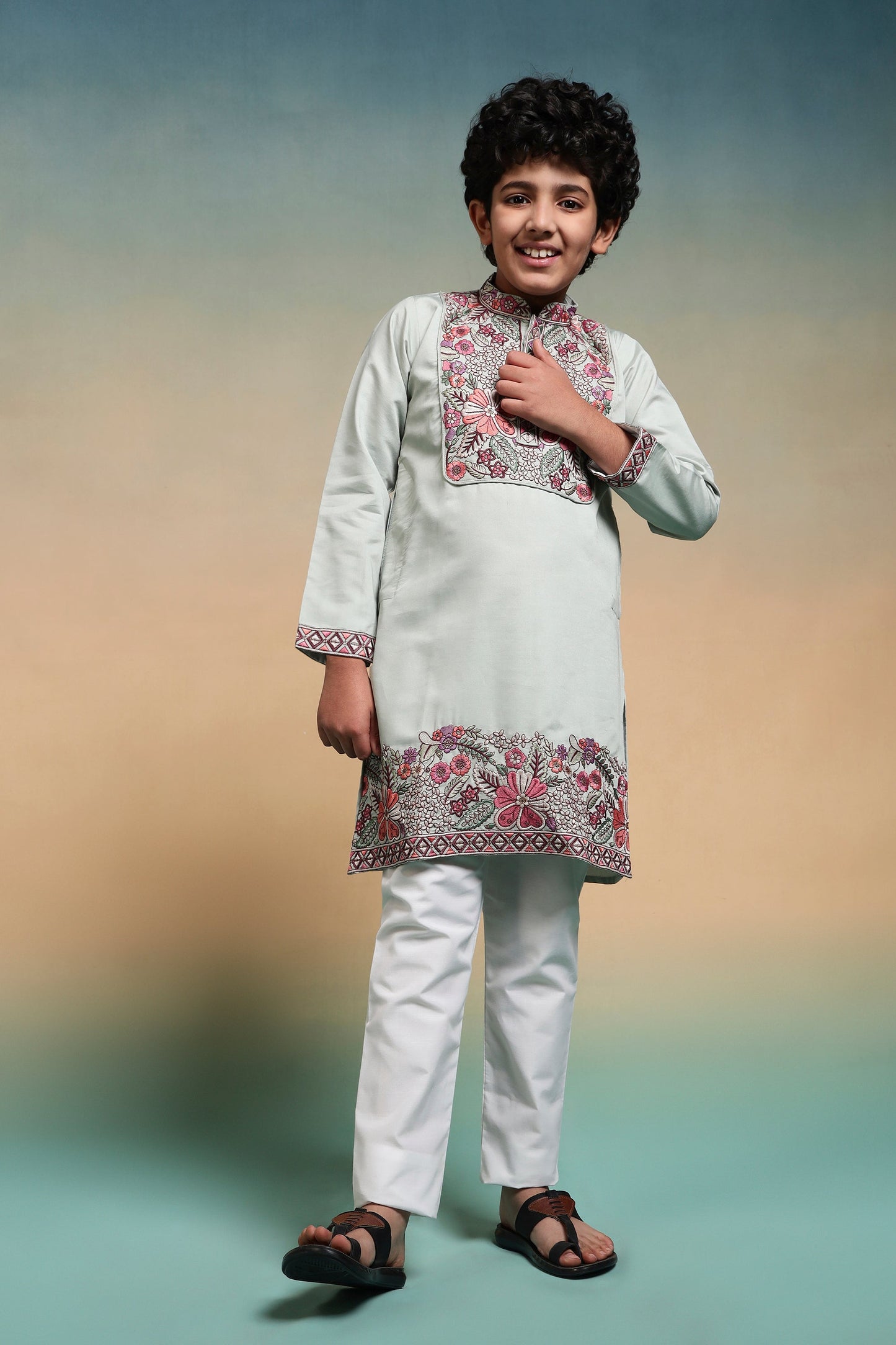 Traditional Pista Embroidered Kurta Pant Set For Boys