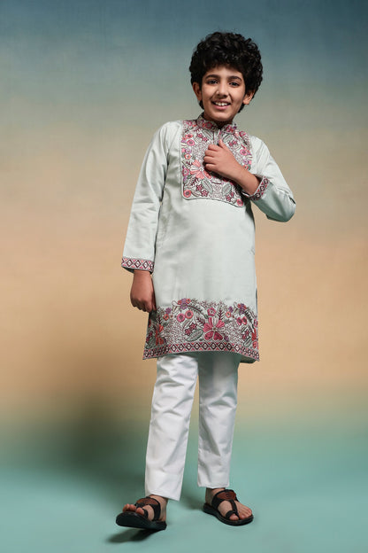 Traditional Pista Embroidered Kurta Pant Set For Boys