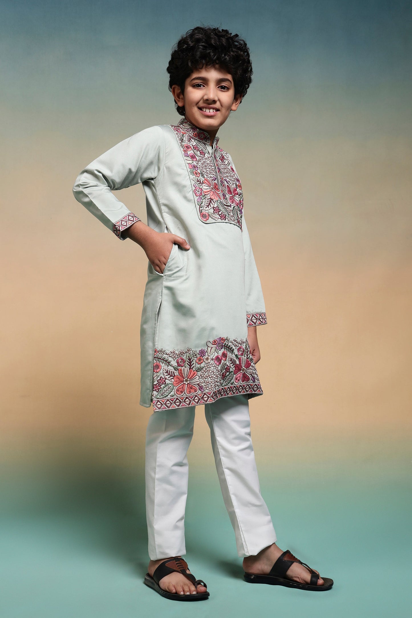 Traditional Pista Embroidered Kurta Pant Set For Boys