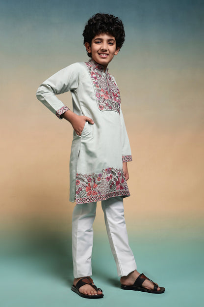 Traditional Pista Embroidered Kurta Pant Set For Boys
