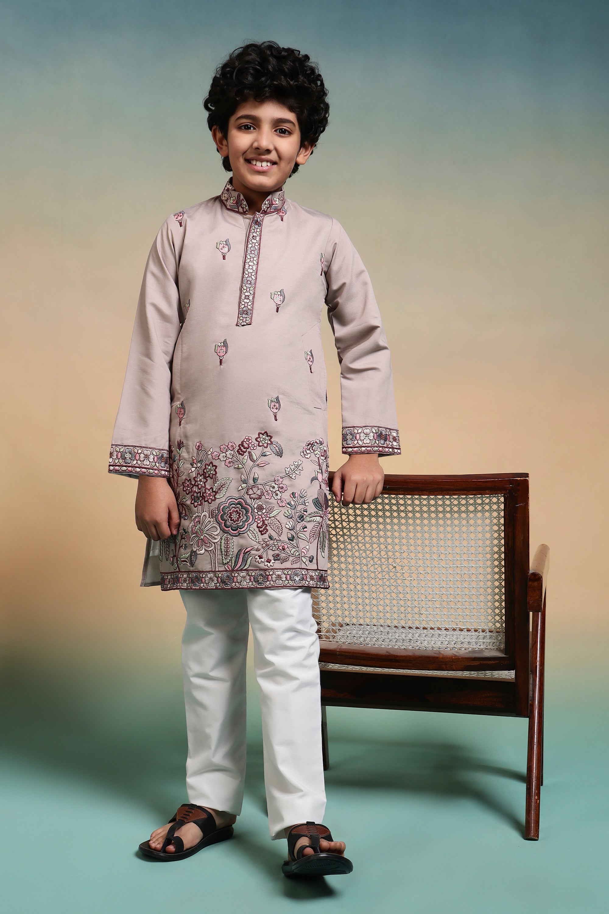 Dusty Purple Thread Sequence Work Kurta Set For Kids