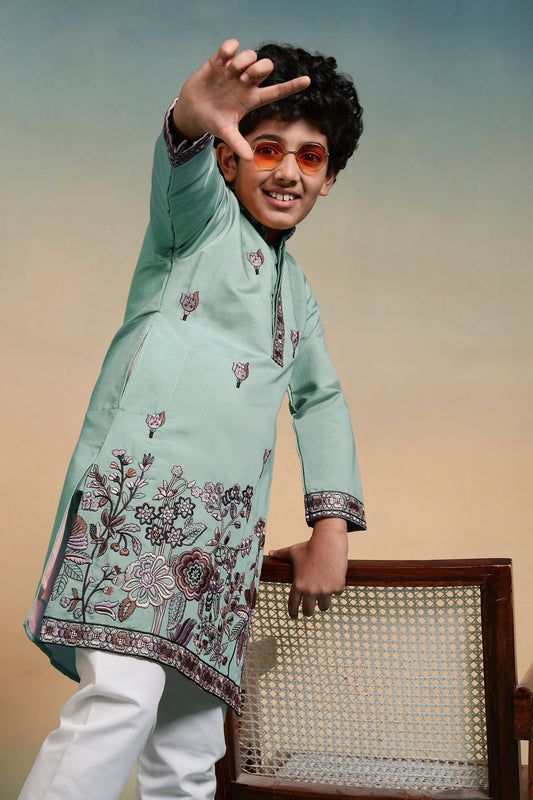 Luxury Pista Thread Sequence Embroidery Work Kurta Pant Set