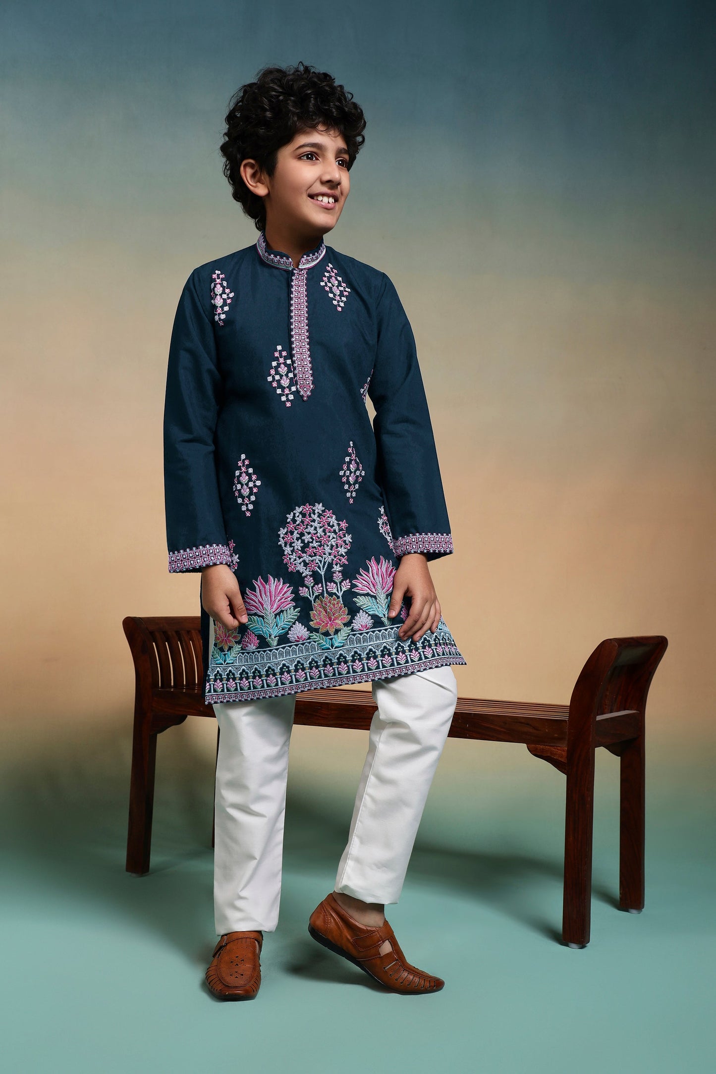 Premium Teal Blue Viscose Silk Multi Thread Work Kurta Pajama Set