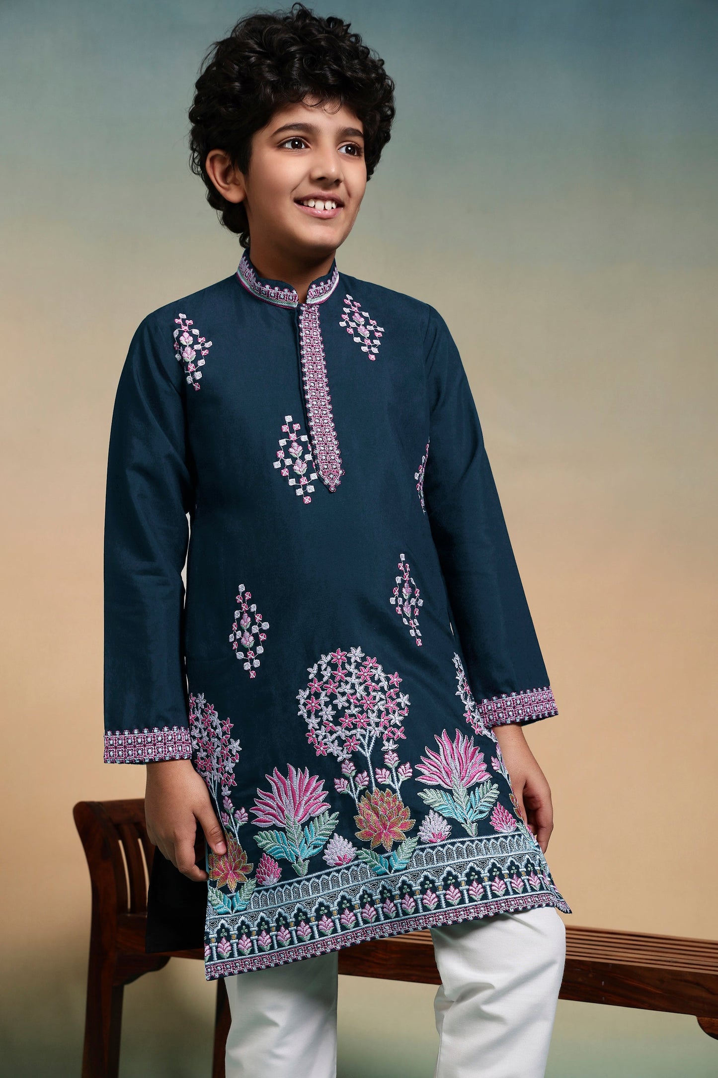 Premium Teal Blue Viscose Silk Multi Thread Work Kurta Pajama Set