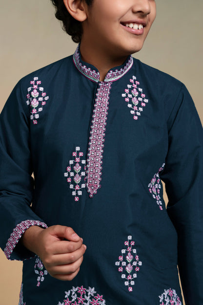 Premium Teal Blue Viscose Silk Multi Thread Work Kurta Pajama Set